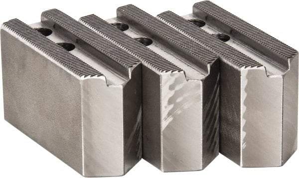 H & R Manufacturing - 1.5mm x 60° Serrated Attachment, Square Soft Lathe Chuck Jaw - 3 Jaws, Steel, 0.787" Btw Mount Hole Ctrs, 3-1/8" Long x 1-1/4" Wide x 2" High, 0.472" Groove, 10mm Fastener - Industrial Tool & Supply
