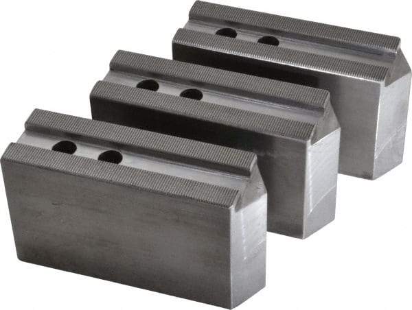 H & R Manufacturing - 1.5mm x 60° Serrated Attachment, Square Soft Lathe Chuck Jaw - 3 Jaws, Steel, 1.181" Btw Mount Hole Ctrs, 6-1/4" Long x 2" Wide x 3-1/2" High, 0.71" Groove, 14mm Fastener - Industrial Tool & Supply
