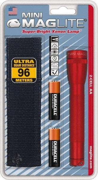 Mag-Lite - Krypton Bulb, 14 Lumens, Industrial/Tactical Flashlight - Red Aluminum Body, 2 AA Alkaline Batteries Included - Industrial Tool & Supply