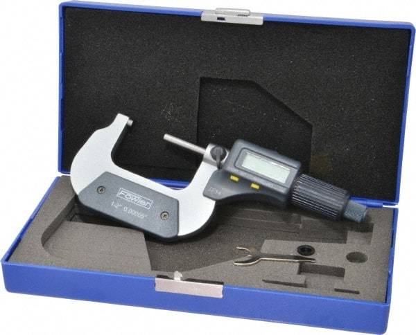 Fowler - 1 to 2 Inch Range, 0.0001 Inch Resolution, Standard Throat, IP54 Electronic Outside Micrometer - 0.0001 Inch Accuracy, Friction Thimble, 357 Battery, Data Output, Includes Case and Wrench - Industrial Tool & Supply