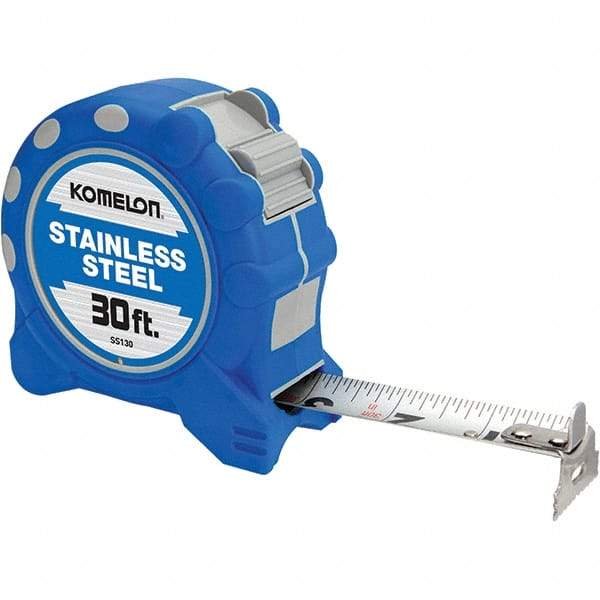 Komelon - 30' x 1" Silver Blade Tape Measure - 1/16" Graduation, Inch Graduation Style, Blue/Gray Case - Industrial Tool & Supply