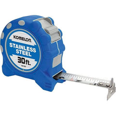 Komelon - 30' x 1" Silver Blade Tape Measure - 1/16" Graduation, Inch Graduation Style, Blue/Gray Case - Industrial Tool & Supply