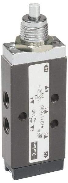 Parker - 0.20 CV Rate, 1/8" NPT Inlet Direct Air 2 Mechanical Spool Valve - 4 Way, 2 Position, 150 Max psi, Plunger Spring Return - Industrial Tool & Supply