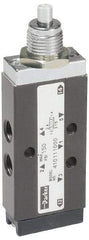 Parker - 0.20 CV Rate, 1/8" NPT Inlet Direct Air 2 Mechanical Spool Valve - 4 Way, 2 Position, 150 Max psi, Plunger Spring Return - Industrial Tool & Supply