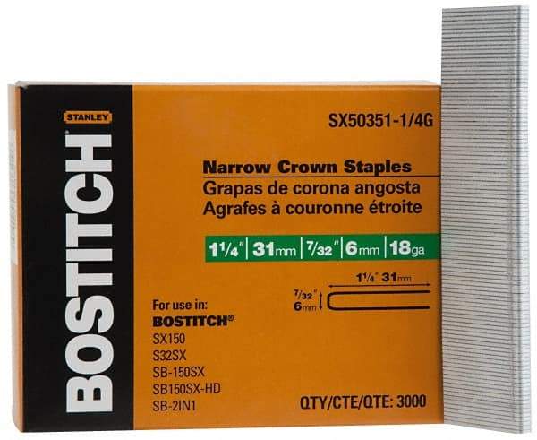 Stanley Bostitch - 1-1/4" Long x 7/32" Wide, 18 Gauge Crowned Construction Staple - Steel, Galvanized Finish - Industrial Tool & Supply