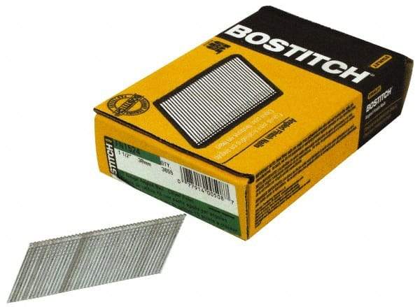 Stanley Bostitch - 15 Gauge 0.072" Shank Diam 1-1/2" Long Finishing Nails for Power Nailers - Steel, Galvanized Finish, Angled Stick Collation, Chisel Point - Industrial Tool & Supply
