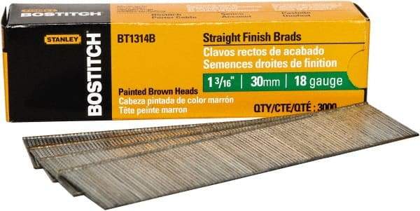 Stanley Bostitch - 18 Gauge 0.05" Shank Diam 1-3/16" Long Brad Nails for Power Nailers - Steel, Bright Finish, Ring Shank, Straight Stick Adhesive Collation, Brad Head, Chisel Point - Industrial Tool & Supply