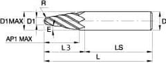 Kennametal - 6° Taper Angle per Side, 0.394" Small End Diam, 52.3mm LOC, Solid Carbide 4 Flute Tapered Ball End Mill - TiAlN/TiN/TiAlN Finish, 125mm OAL, 20mm Shank Diam, Spiral Flute, 30° Helix - Industrial Tool & Supply