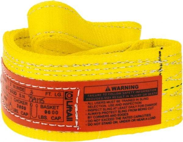 Lift-All - 3' Long x 3" Wide, 4,800 Lb Vertical Capacity, 1 Ply, Polyester Web Sling - 3,800 Lb Choker Capacity, Yellow - Industrial Tool & Supply