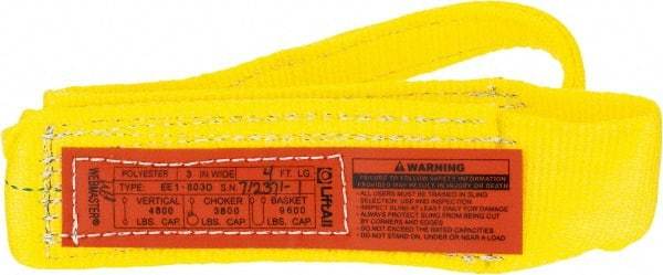Lift-All - 4' Long x 3" Wide, 4,800 Lb Vertical Capacity, 1 Ply, Polyester Web Sling - 3,800 Lb Choker Capacity, Yellow - Industrial Tool & Supply