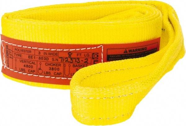 Lift-All - 8' Long x 3" Wide, 4,800 Lb Vertical Capacity, 1 Ply, Polyester Web Sling - 3,800 Lb Choker Capacity, Yellow - Industrial Tool & Supply