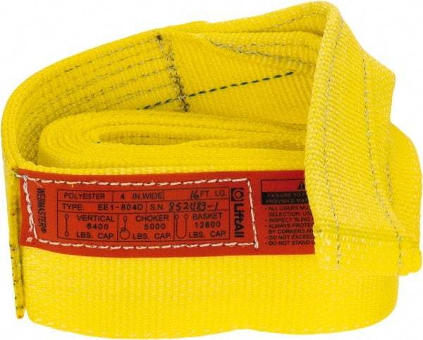 Lift-All - 16' Long x 4" Wide, 6,400 Lb Vertical Capacity, 1 Ply, Polyester Web Sling - 5,000 Lb Choker Capacity, Yellow - Industrial Tool & Supply