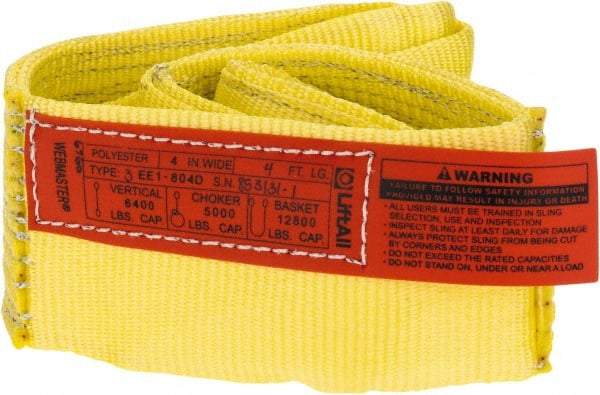 Lift-All - 4' Long x 4" Wide, 6,400 Lb Vertical Capacity, 1 Ply, Polyester Web Sling - 5,000 Lb Choker Capacity, Yellow - Industrial Tool & Supply