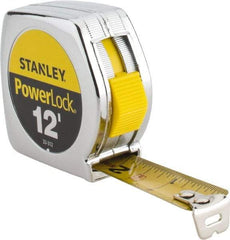 Stanley - 12' x 3/4" Yellow Blade Tape Measure - 1/32 & 1/16" Graduation, Inch Graduation Style, Silver Case - Industrial Tool & Supply