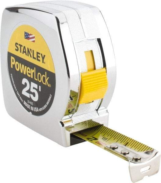 Stanley - 25' x 1" Yellow Blade Tape Measure - 1/16" Graduation, Inch Graduation Style, Silver Case - Industrial Tool & Supply