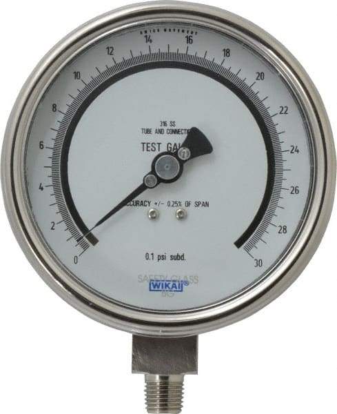 Wika - 4" Dial, 1/4 Thread, 0-30 Scale Range, Pressure Gauge - Lower Connection Mount, Accurate to 0.25% of Scale - Industrial Tool & Supply