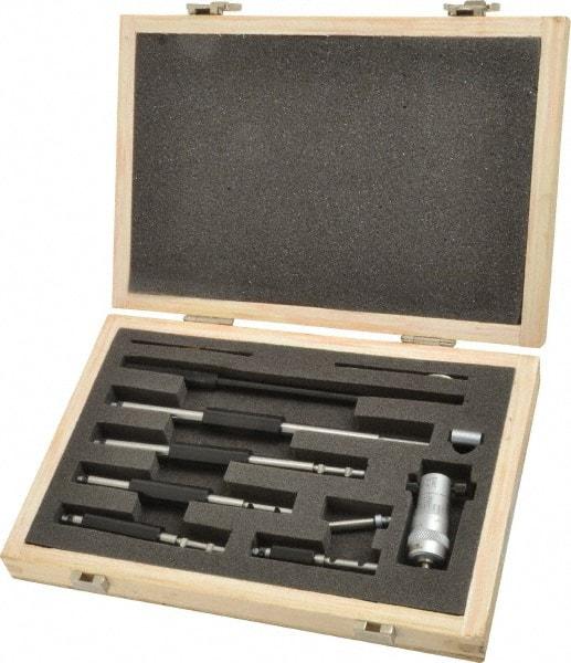 SPI - 2 to 8", Mechanical, Interchangeable Rod Micrometer - 0.001 Inch Graduation, Accurate Up to 0.0004 Inch, 0.248 Inch Rod Diameter, 1/2 Inch Travel, 6 Rods, NIST Traceability Certification Included - Industrial Tool & Supply