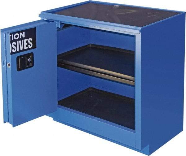 Securall Cabinets - 2 Door, 1 Shelf, Blue Steel Standard Safety Cabinet for Corrosive Chemicals - 36" High x 35" Wide x 22" Deep, Sliding Door, 3 Point Key Lock, 24 Gal Capacity - Industrial Tool & Supply