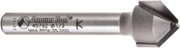 Amana Tool - 1/2" Cut Diam, 3/8" Length of Cut, 2 Flute V-Groove Edge Profile Router Bit - Carbide-Tipped, 1/4" Shank Diam, 2" OAL, Uncoated - Industrial Tool & Supply