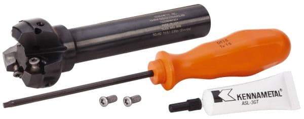 Kennametal - 1.518" Cut Diam, 0.064" Max Depth, 3/4" Shank Diam, Cylindrical Shank Indexable High-Feed End Mill - Screw Holding Method, HNGJ0604ANENLD Insert, KSHR Toolholder, Through Coolant - Industrial Tool & Supply