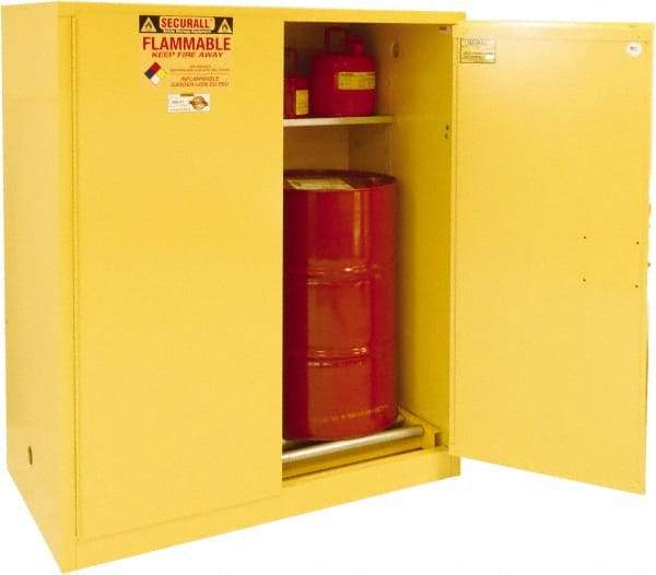 Securall Cabinets - 56" Wide x 31" Deep x 65" High, 18 Gauge Steel Vertical Drum Cabinet with 3 Point Key Lock - Yellow, Manual Closing Door, 1 Shelf, 2 Drums, Drum Rollers Included - Industrial Tool & Supply