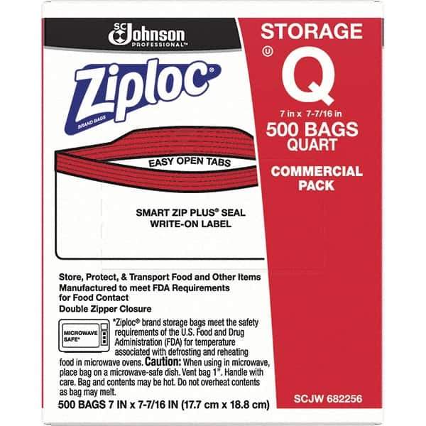 Ziploc - 500 Piece, 1 Quart Capacity, 8 Inch Long x 7 Inch Wide, Ziploc Storage Bag - 1.75 mil Thick, Rectangle Clear Plastic - Industrial Tool & Supply