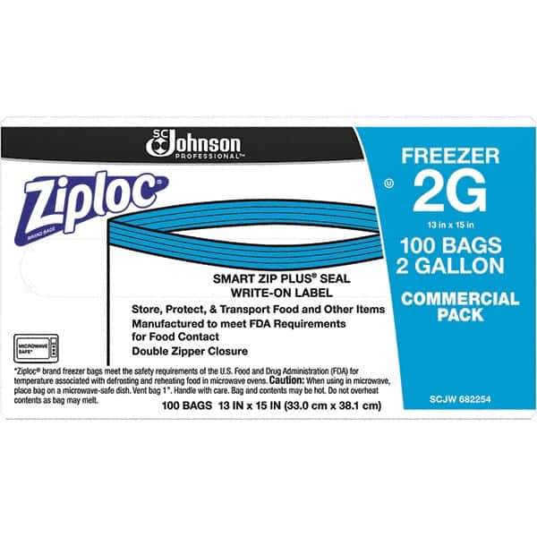 Ziploc - 100 Piece, 2 Gallon Capacity, 13 Inch Long x 15-1/2 Inch Wide, Ziploc Freezer Bag - 2.7 mil Thick, Rectangle Clear Plastic - Industrial Tool & Supply
