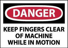 NMC - Accident Prevention Label, Header: DANGER - Legend: Danger - Keep Fingers Clear of Machine While in Motion, English, Red, Black & White, 5" Long x 3" High, Sign Muscle Finish - Industrial Tool & Supply