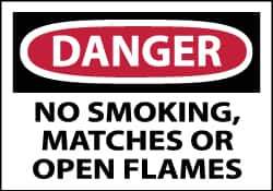 NMC - Accident Prevention Label, Header: DANGER - Legend: Danger - No Smoking, Matches or Open Flames, English, Red, Black & White, 5" Long x 3" High, Sign Muscle Finish - Industrial Tool & Supply