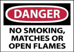 NMC - Accident Prevention Label, Header: DANGER - Legend: Danger - No Smoking, Matches or Open Flames, English, Red, Black & White, 5" Long x 3" High, Sign Muscle Finish - Industrial Tool & Supply
