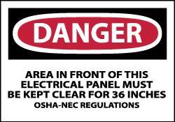 NMC - Accident Prevention Label, Header: DANGER - Legend: Danger - Area in Front of This Electrical Panel Must Be Kept Clear for 36 Inches OSHA-NEC Regulations, English, Red, Black & White, 5" Long x 3" High, Sign Muscle Finish - Industrial Tool & Supply