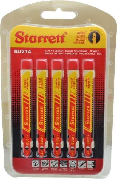 Starrett - 3" Long, 14 Teeth per Inch, Bi-Metal Jig Saw Blade - Toothed Edge, 5/16" Wide x 0.04" Thick, U-Shank, Wavy Tooth Set - Industrial Tool & Supply