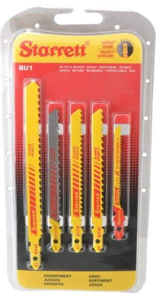 Starrett - 5 Piece, 3" to 5" Long, 6 to 14 Teeth per Inch, Bi-Metal Jig Saw Blade Set - Toothed Edge, 3/16" to 3/8" Wide, 0.04" to 0.05" Thick, U-Shank - Industrial Tool & Supply
