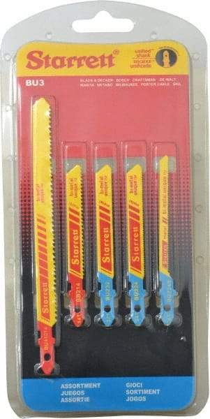 Starrett - 5 Piece, 3" to 5" Long, 10-14 to 32 Teeth per Inch, Bi-Metal Jig Saw Blade Set - Toothed Edge, 3/16" to 3/8" Wide, 0.04" to 0.04" Thick, U-Shank - Industrial Tool & Supply