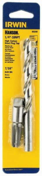 Irwin - 7/16 to 7/16 Drill, 1/4-18 to 1/4-18 Tap, Spiral Flute Tap and Drill Set - Bright Finish High Speed Steel Drills, Bright Finish Carbon Steel Taps, Plug Chamfer, 2 Piece Set - Exact Industrial Supply