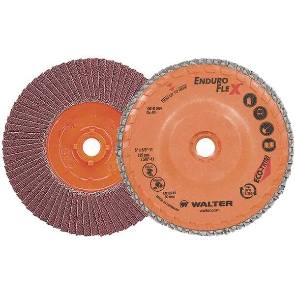 WALTER Surface Technologies - 40 Grit, 5" Disc Diam, 5/8-11 Center Hole, Zirconia Alumina Flap Disc - 13,300 Max RPM, Plastic Backing, Arbor Attaching System, Coated - Industrial Tool & Supply