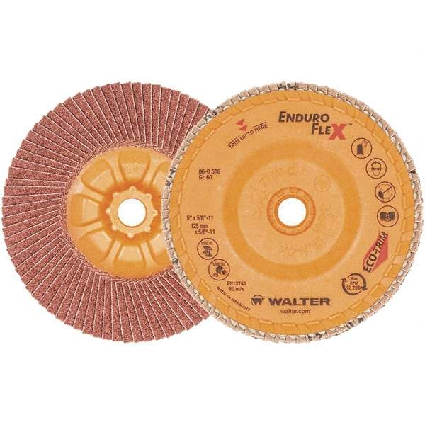 WALTER Surface Technologies - 60 Grit, 5" Disc Diam, 5/8-11 Center Hole, Zirconia Alumina Flap Disc - 13,300 Max RPM, Plastic Backing, Arbor Attaching System, Coated - Industrial Tool & Supply