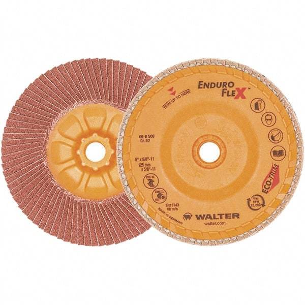 WALTER Surface Technologies - 80 Grit, 5" Disc Diam, 5/8-11 Center Hole, Zirconia Alumina Flap Disc - 13,300 Max RPM, Plastic Backing, Arbor Attaching System, Coated - Industrial Tool & Supply