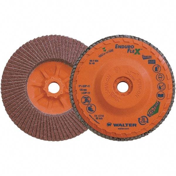 WALTER Surface Technologies - 40 Grit, 5" Disc Diam, 5/8-11 Center Hole, Zirconia Alumina Flap Disc - 8,600 Max RPM, Plastic Backing, Arbor Attaching System, Coated - Industrial Tool & Supply