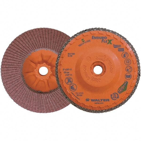 WALTER Surface Technologies - 60 Grit, 5" Disc Diam, 5/8-11 Center Hole, Zirconia Alumina Flap Disc - 8,600 Max RPM, Plastic Backing, Arbor Attaching System, Coated - Industrial Tool & Supply