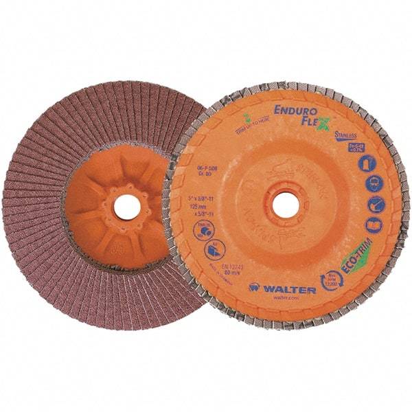 WALTER Surface Technologies - 80 Grit, 5" Disc Diam, 5/8-11 Center Hole, Zirconia Alumina Flap Disc - 8,600 Max RPM, Plastic Backing, Arbor Attaching System, Coated - Industrial Tool & Supply