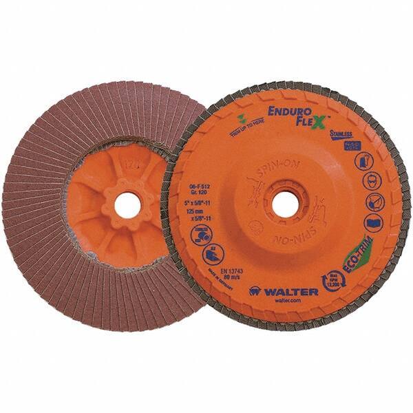 WALTER Surface Technologies - 120 Grit, 5" Disc Diam, 5/8-11 Center Hole, Zirconia Alumina Flap Disc - 8,600 Max RPM, Plastic Backing, Arbor Attaching System, Coated - Industrial Tool & Supply