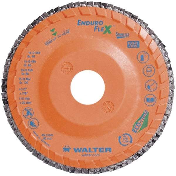 WALTER Surface Technologies - 40 Grit, 4-1/2" Disc Diam, 7/8" Center Hole, Zirconia Alumina Flap Disc - 13,300 Max RPM, Plastic Backing, Arbor Attaching System, Coated - Industrial Tool & Supply
