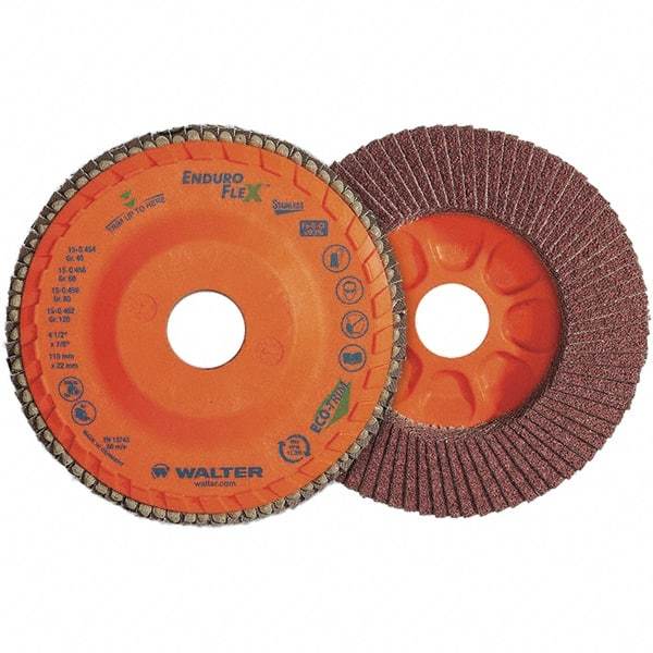 WALTER Surface Technologies - 80 Grit, 4-1/2" Disc Diam, 7/8" Center Hole, Zirconia Alumina Flap Disc - 13,300 Max RPM, Plastic Backing, Arbor Attaching System, Coated - Industrial Tool & Supply