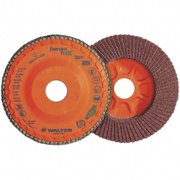 WALTER Surface Technologies - 120 Grit, 4-1/2" Disc Diam, 7/8" Center Hole, Zirconia Alumina Flap Disc - 13,300 Max RPM, Plastic Backing, Arbor Attaching System, Coated - Industrial Tool & Supply