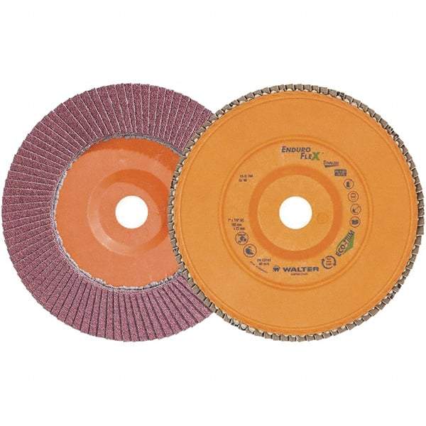 WALTER Surface Technologies - 40 Grit, 7" Disc Diam, 7/8" Center Hole, Zirconia Alumina Flap Disc - 8,600 Max RPM, Plastic Backing, Arbor Attaching System, Coated - Industrial Tool & Supply