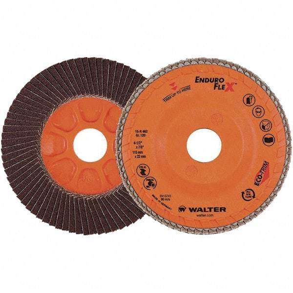 WALTER Surface Technologies - 120 Grit, 4-1/2" Disc Diam, 7/8" Center Hole, Zirconia Alumina Flap Disc - 13,300 Max RPM, Plastic Backing, Arbor Attaching System, Coated - Industrial Tool & Supply