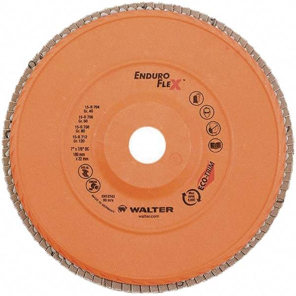 WALTER Surface Technologies - 120 Grit, 7" Disc Diam, 7/8" Center Hole, Zirconia Alumina Flap Disc - 8,600 Max RPM, Plastic Backing, Arbor Attaching System, Coated - Industrial Tool & Supply