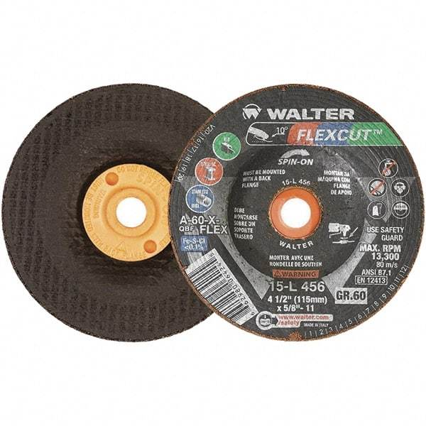 WALTER Surface Technologies - 4-1/2" Diam x 5/8" Hole, 60 Grit Surface Grinding Wheel - Aluminum Oxide, Medium Grade, 13,300 Max RPM - Industrial Tool & Supply