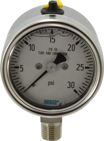 Wika - 2-1/2" Dial, 1/4 Thread, 30 Scale Range, Pressure Gauge - Lower Connection Mount, Accurate to 2-1-2% of Scale - Industrial Tool & Supply